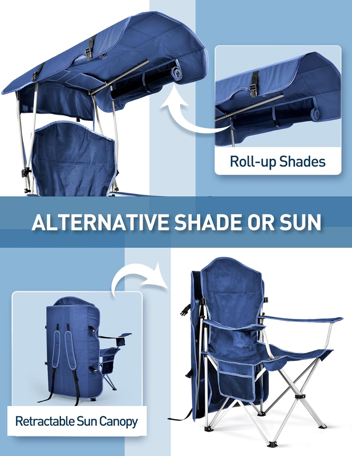 Beach Chair with Canopy Shade, Folding Camping Chair with Canopy with Cup Holder, Side Pocket for Camp, Beach, Tailgates, Fishing - Support 330 LBS
